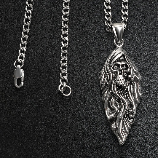 Stainless Steel Flaming Skull Arrowhead Curb Chain Necklace