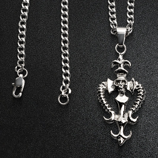 Stainless Steel Fleur De Lis Skull And Bone Dagger Curb Chain Necklace