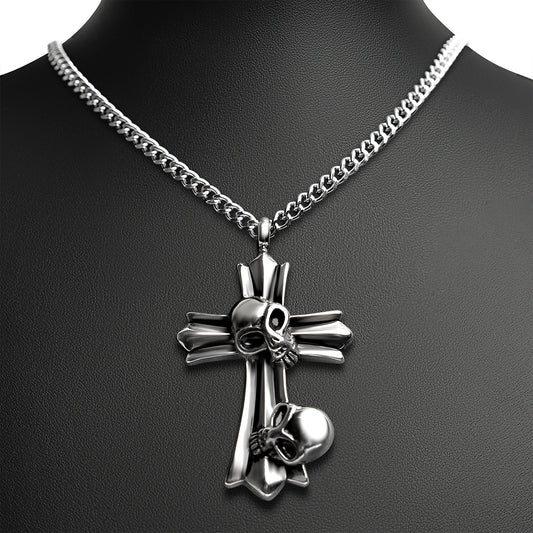 Stainless Steel Double Skull Cross Curb Chain Necklace