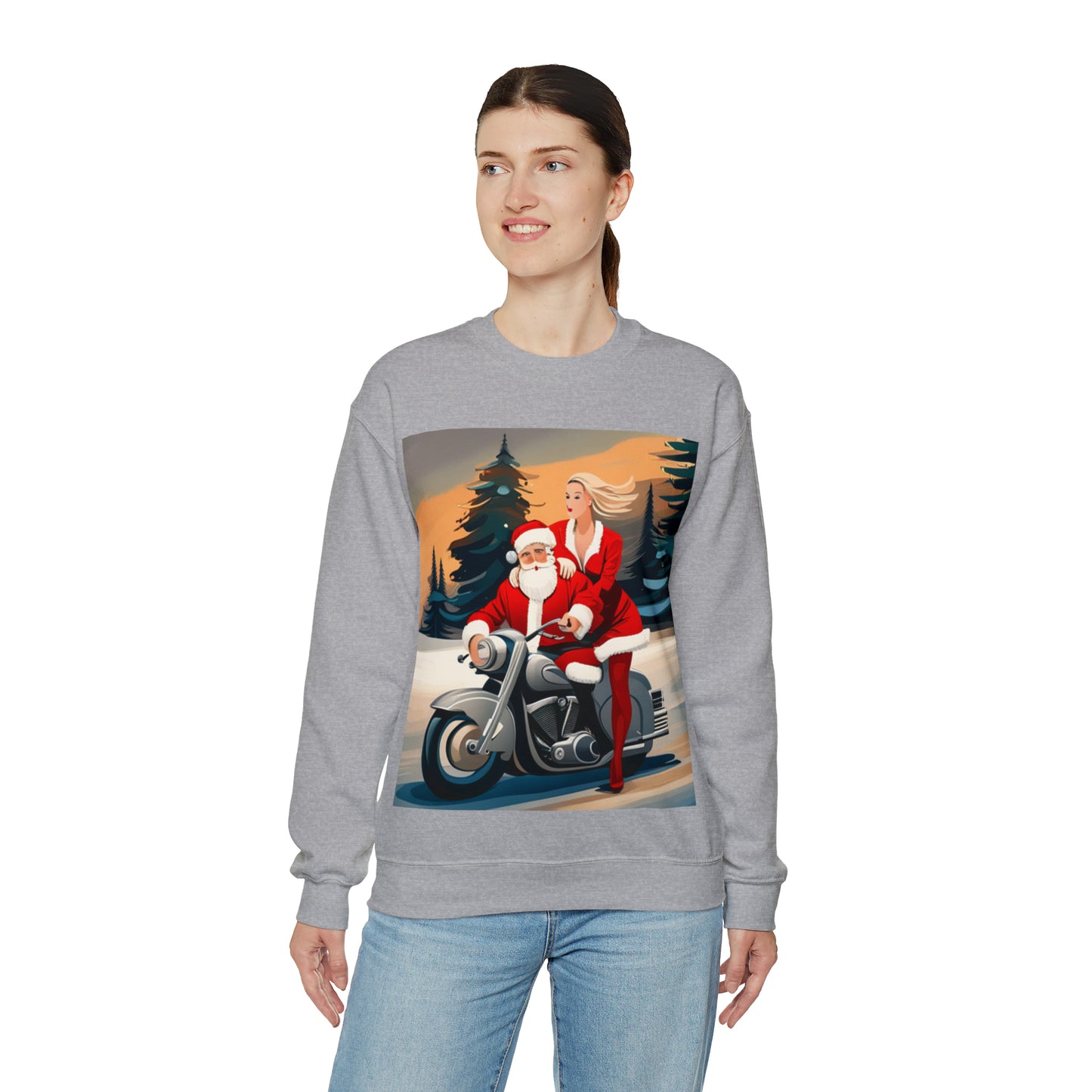 Unisex Motorcycle Biker Santa with Mrs. Claus Crewneck Sweatshirt