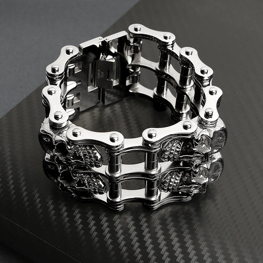 Stainless Steel Double Skull Bike Chain Bracelet