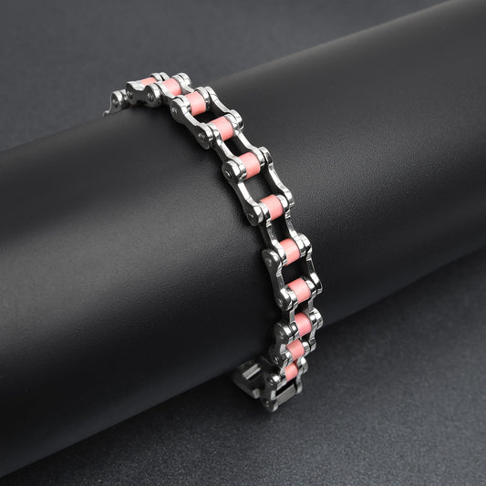 Stainless Steel And Pink Women's Bike Chain Bracelet