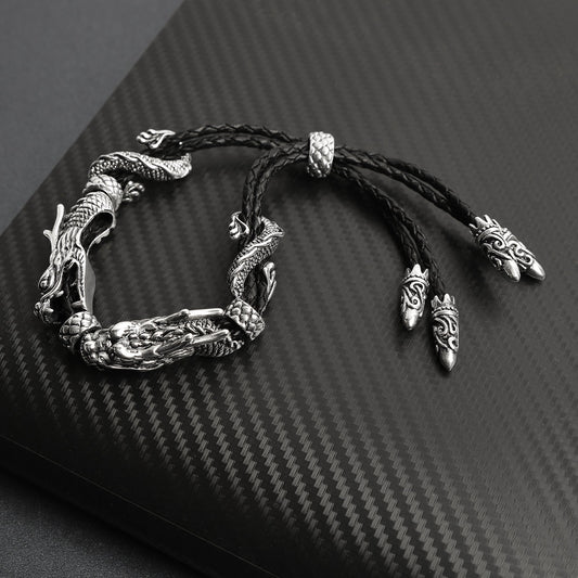 Adjustable Stainless Steel Braided Leather Dragon Bracelet