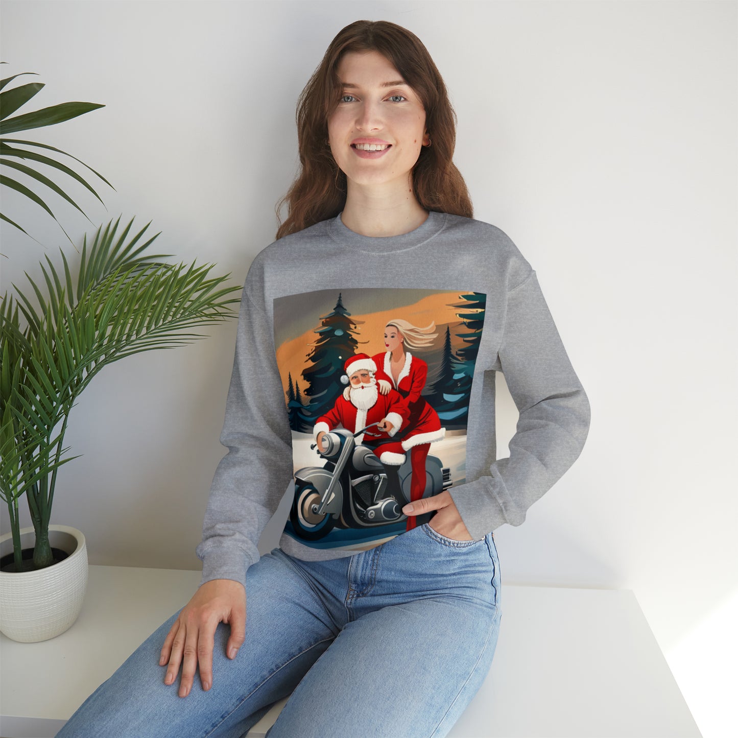 Unisex Motorcycle Biker Santa with Mrs. Claus Crewneck Sweatshirt