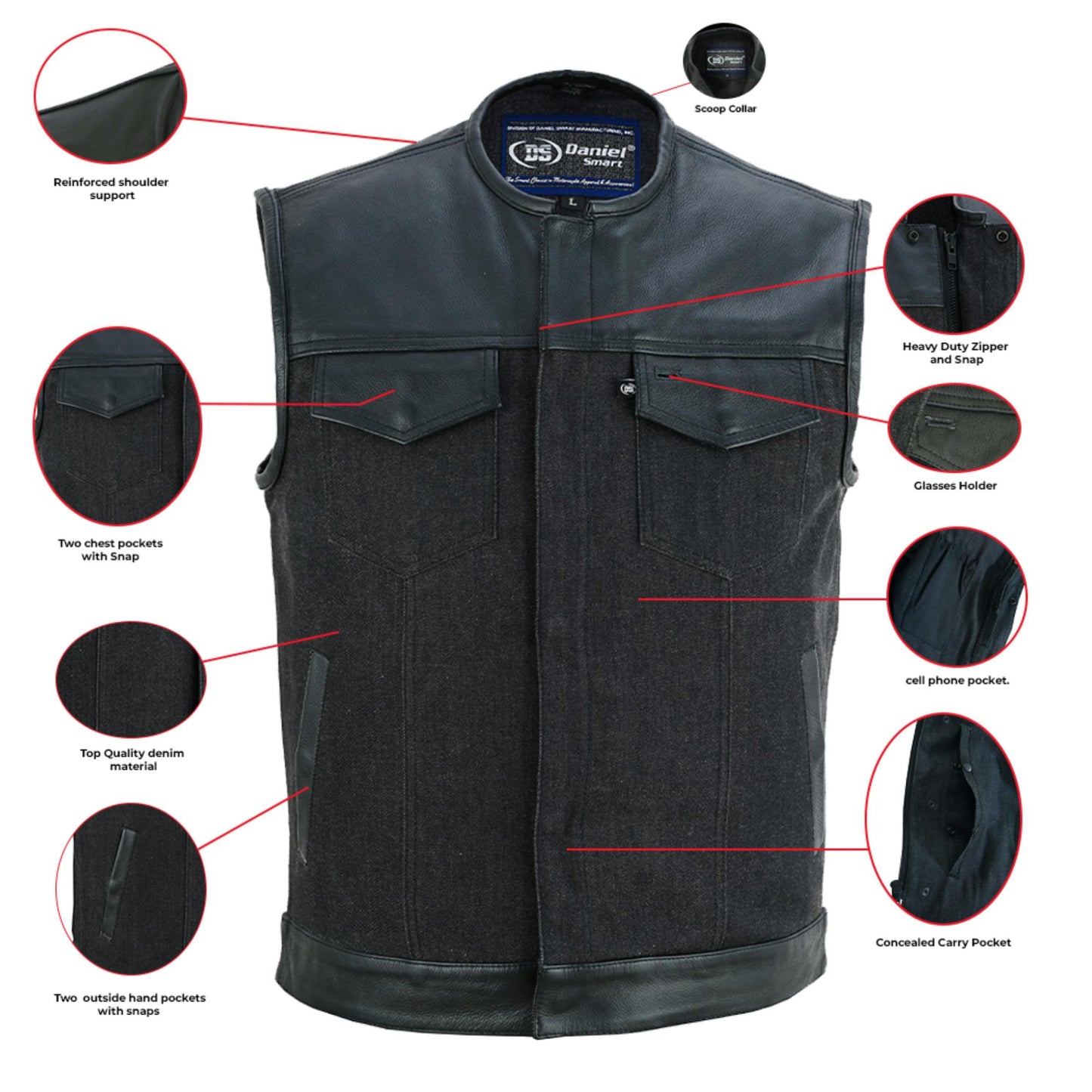 DM901   Men's Leather/Denim Combo Vest Without Collar