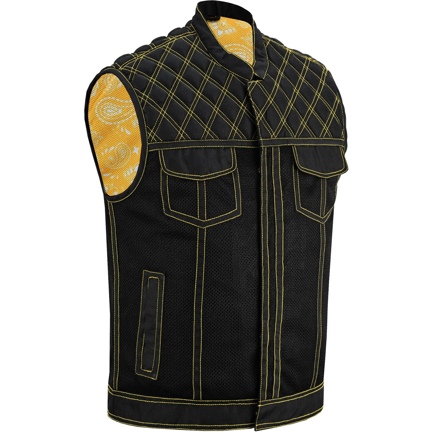 Nitro Rush Men’s Black Mesh Textile Vest with Yellow Diamond Stitch