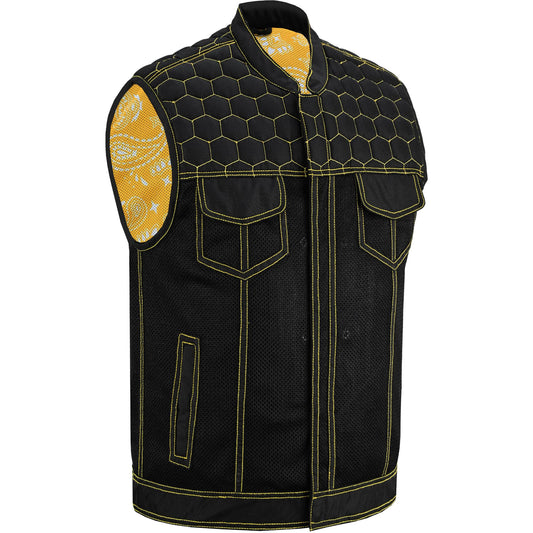 Gloom Gold Men’s Black Mesh Textile Vest with Yellow Thread Detailing