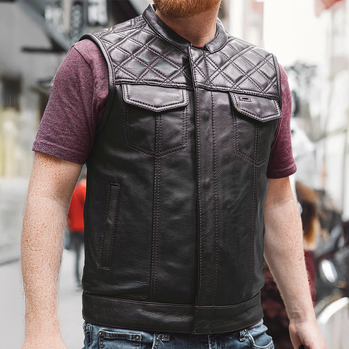 Downside Men's Motorcycle Leather Vest Orange and Green