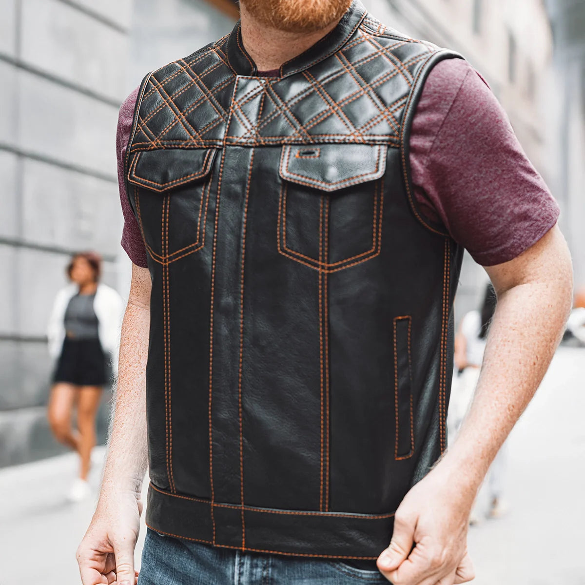 Downside Men's Motorcycle Leather Vest Orange and Green