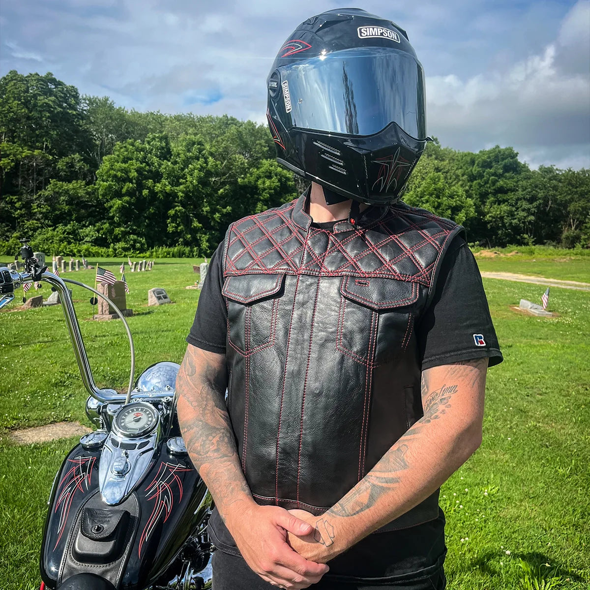 Downside Men's Motorcycle Leather Vest Orange and Green