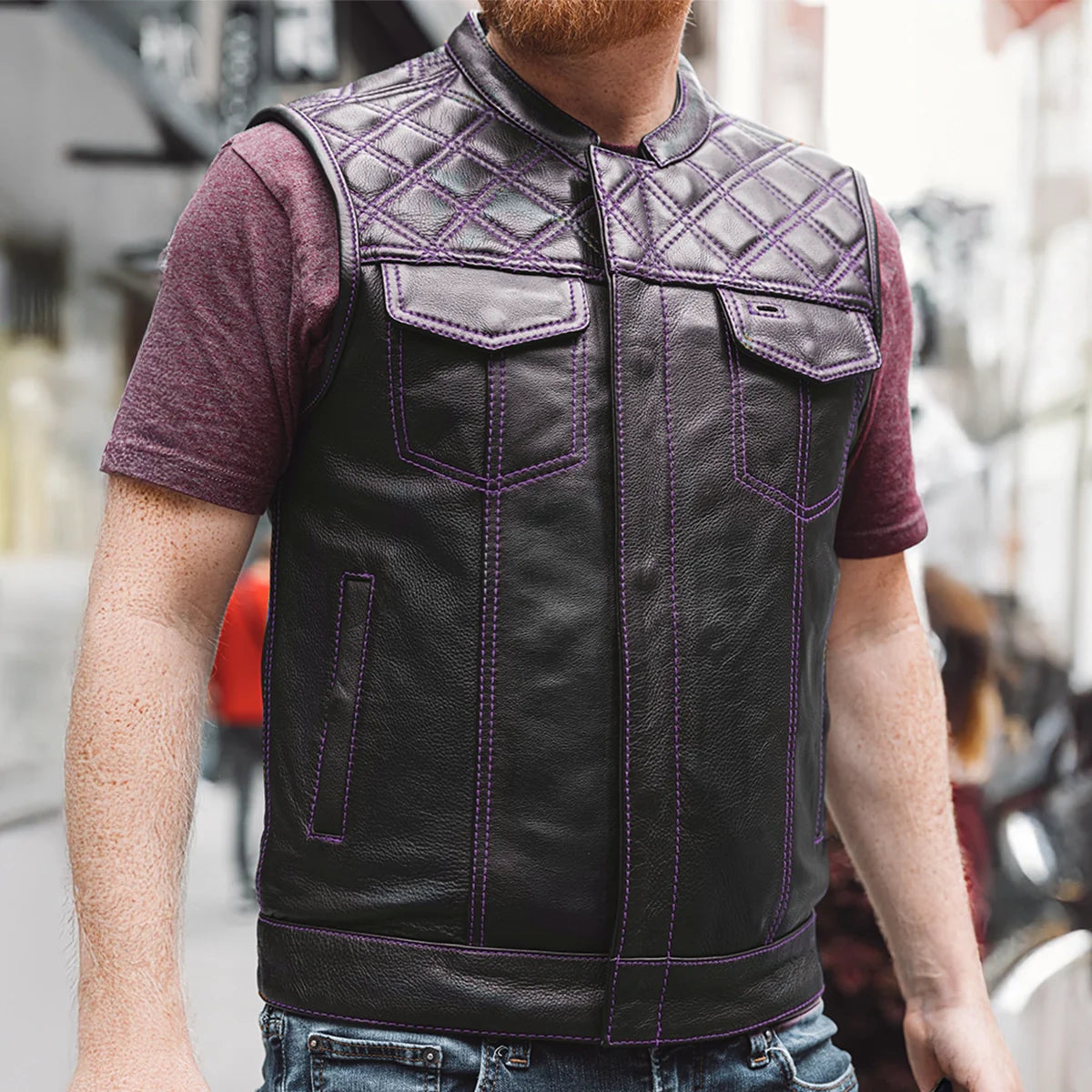 Downside Men's Motorcycle Leather Vest Orange and Green