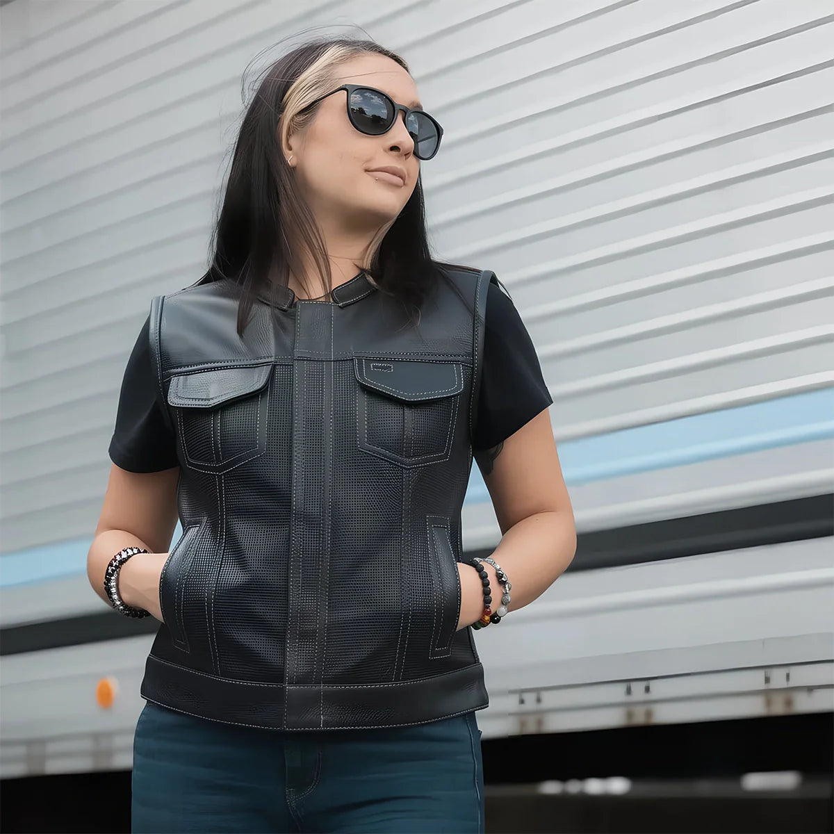 Jessica Perforated Women's Motorcycle Leather Vest Red and Grey