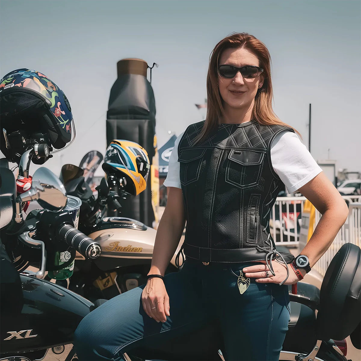 Bonnie Perforated Women's Motorcycle Leather Vest Orange and Grey
