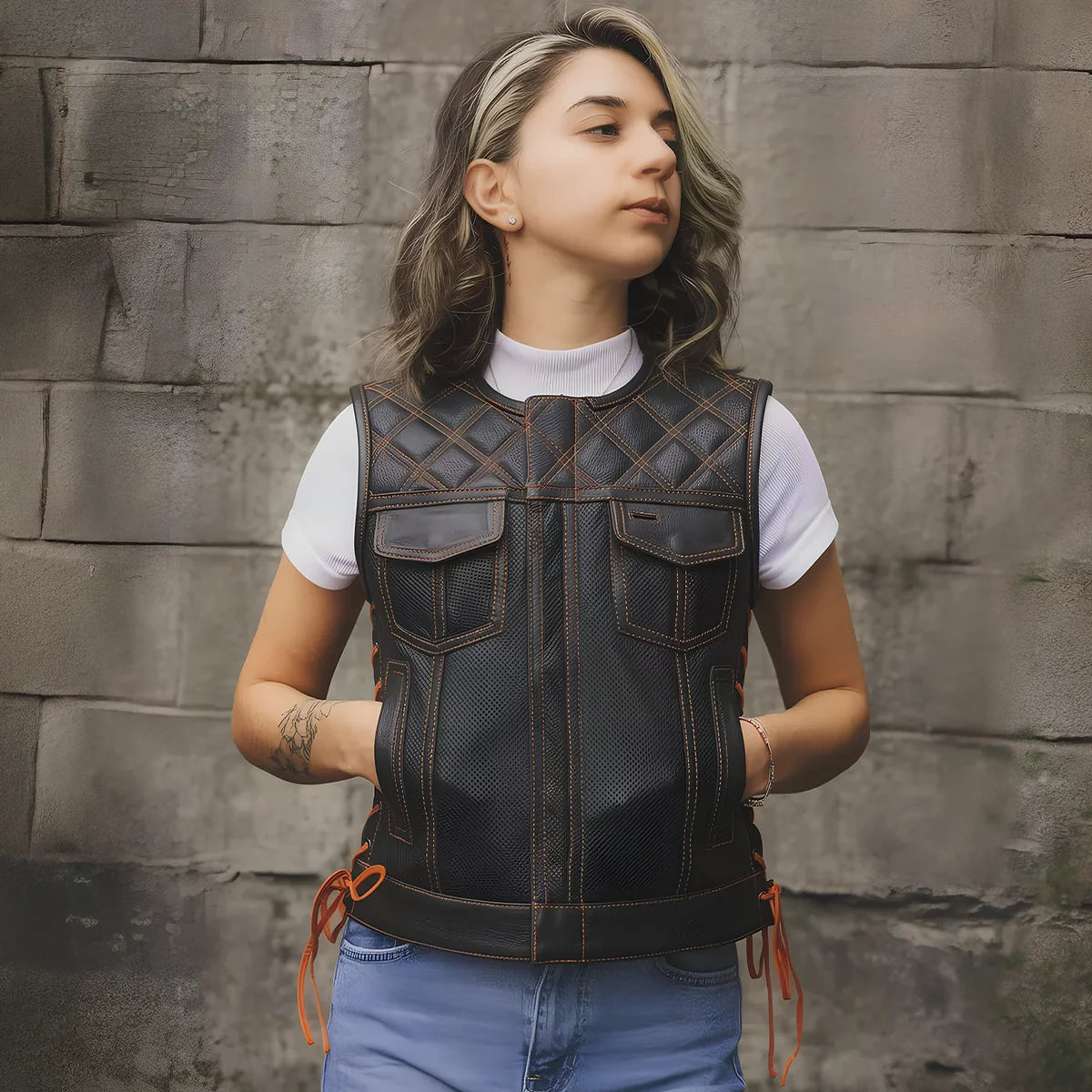 Bonnie Perforated Women's Motorcycle Leather Vest Orange and Grey