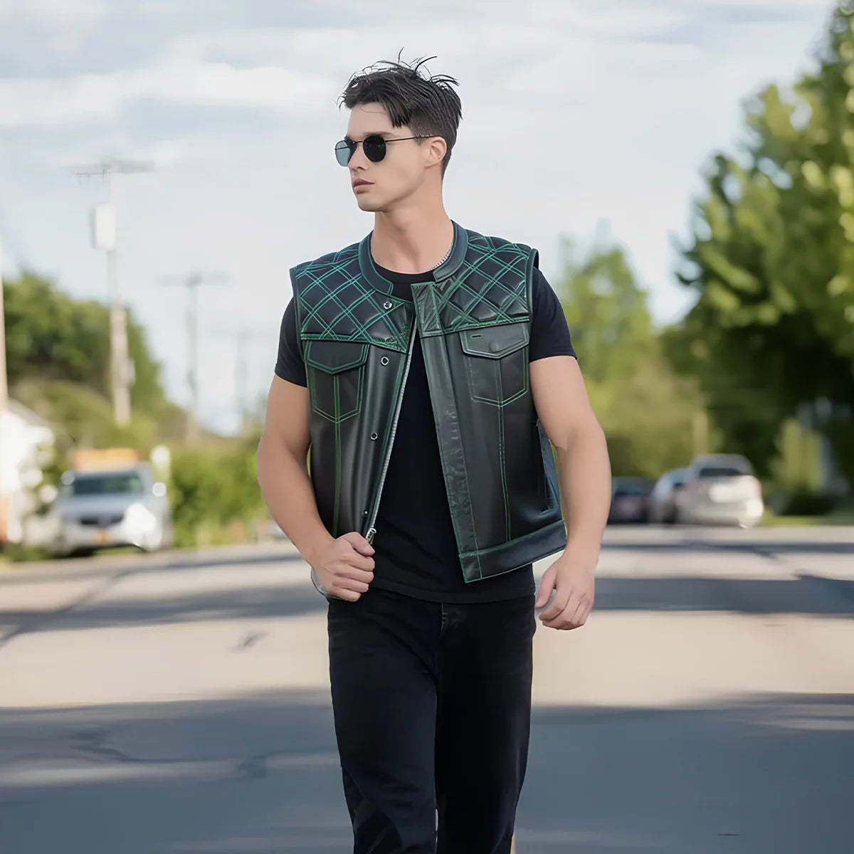 Upside Men's Club Style Leather Vest Orange and Green