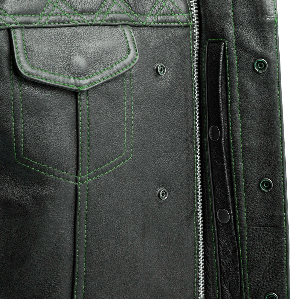 Downside Men's Motorcycle Leather Vest Orange and Green