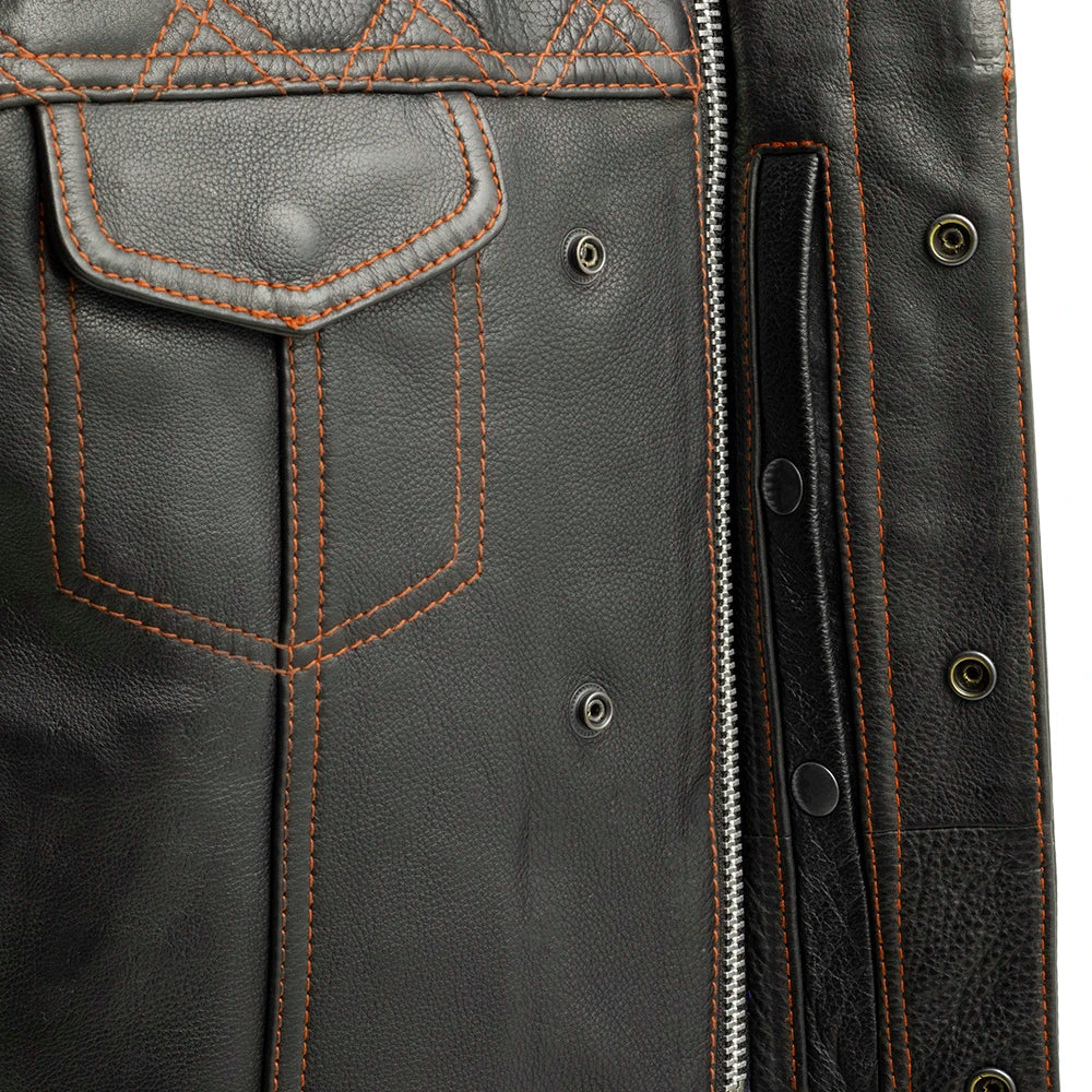 Downside Men's Motorcycle Leather Vest Orange and Green