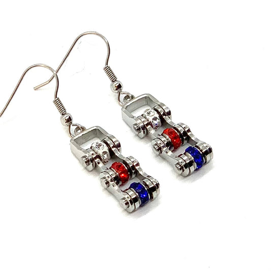SK2342E MINI MINI Red White and Blue With Crystal Centers Bike Chain Earrings Stainless Steel Motorcycle Biker Jewelry
