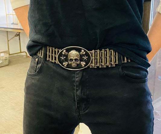 SK9001D Mens Easy Rider Belt 1 1/2" Wide with Skull Buckle Distressed