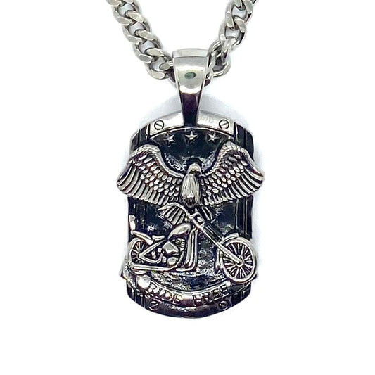 SK6100 Ride Free Motorcycle Eagle Pendant with 24" cuban link chain. High quality 316L Stainless Steel