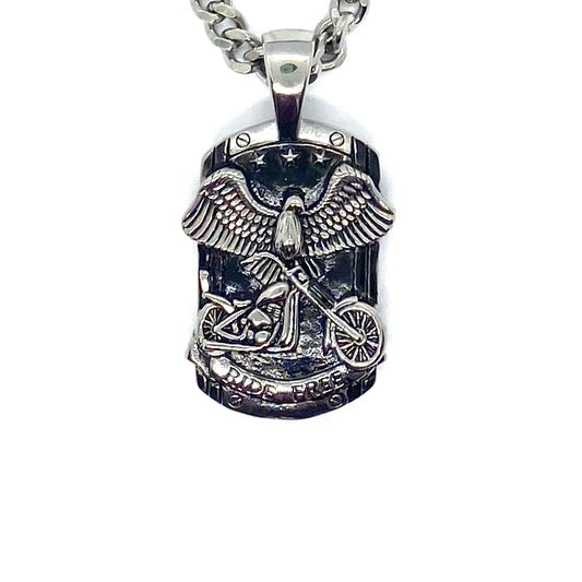 SK6100 Ride Free Motorcycle Eagle Pendant with 24" cuban link chain. High quality 316L Stainless Steel