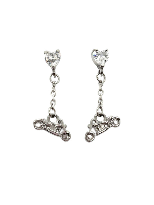 SK2707E Heart Crystal Motorcycle Earrings - Clear Stone