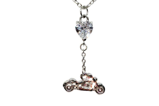 SK2707N Heart Crystal Motorcycle Necklace - Clear Stone