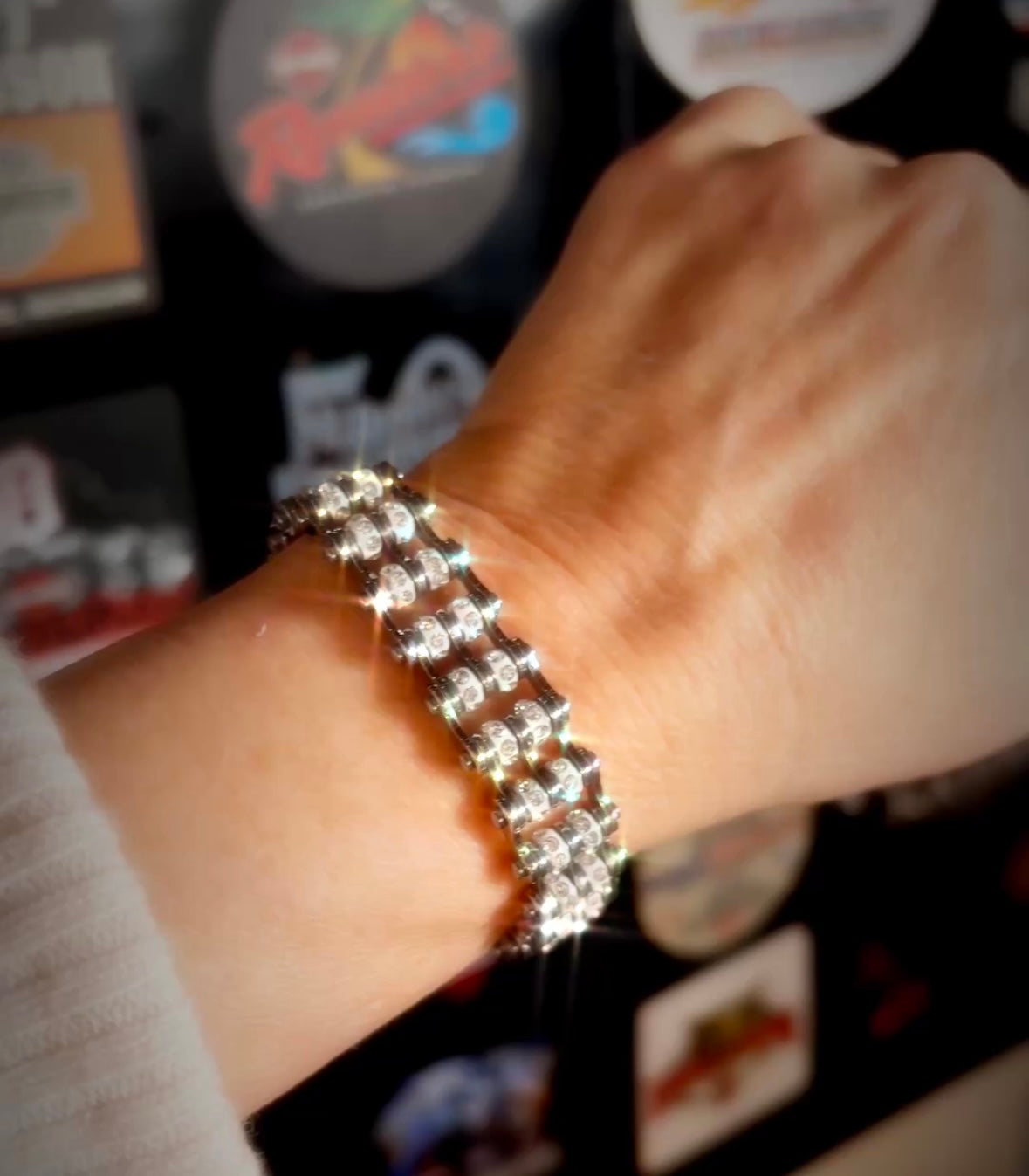 SK2800 3/4" Wide DOUBLE WIDE MINI SIZE Silver color with white crystal center - Stainless Steel Motorcycle Bike Chain Bracelet