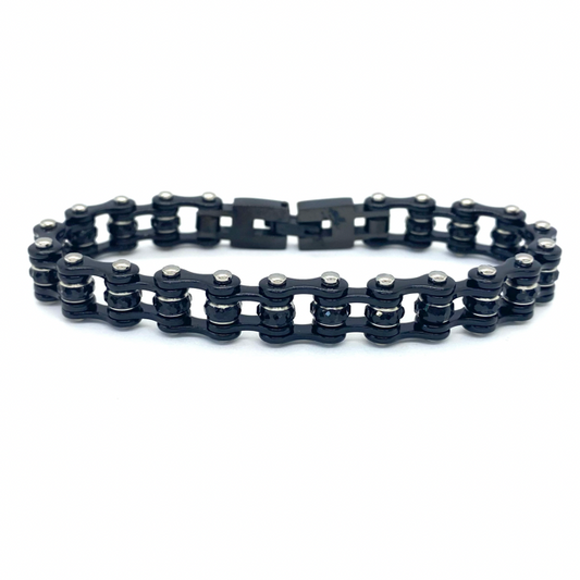 SK2802 3/8" Wide MINI MINI SIZE Black with black crystal center - Stainless Steel Motorcycle Bike Chain Bracelet