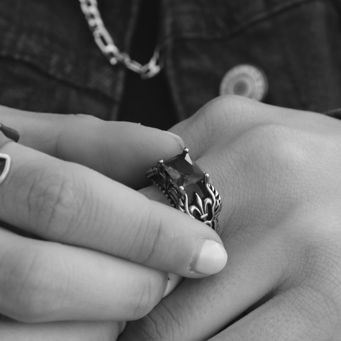 Stainless Steel Red CZ Center Fleur De Lis Ring
