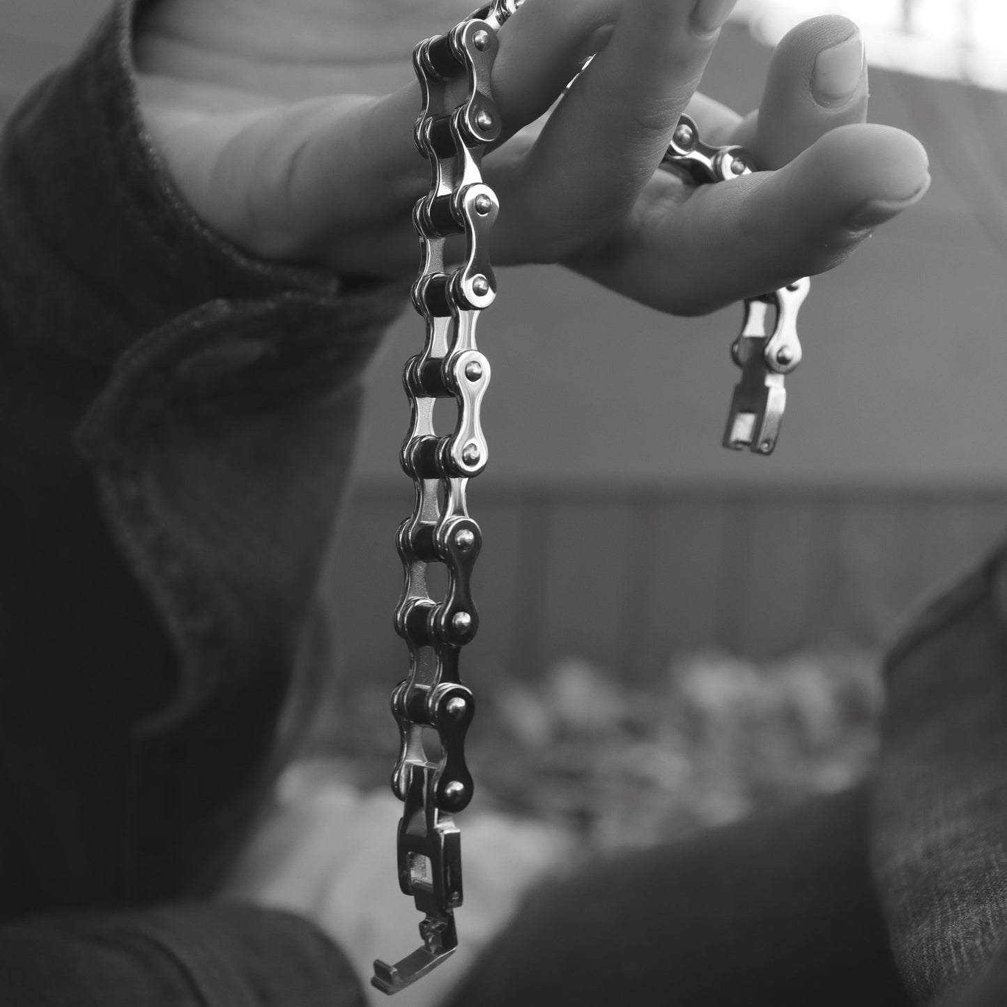 Stainless Steel And Black Bike Chain Bracelet