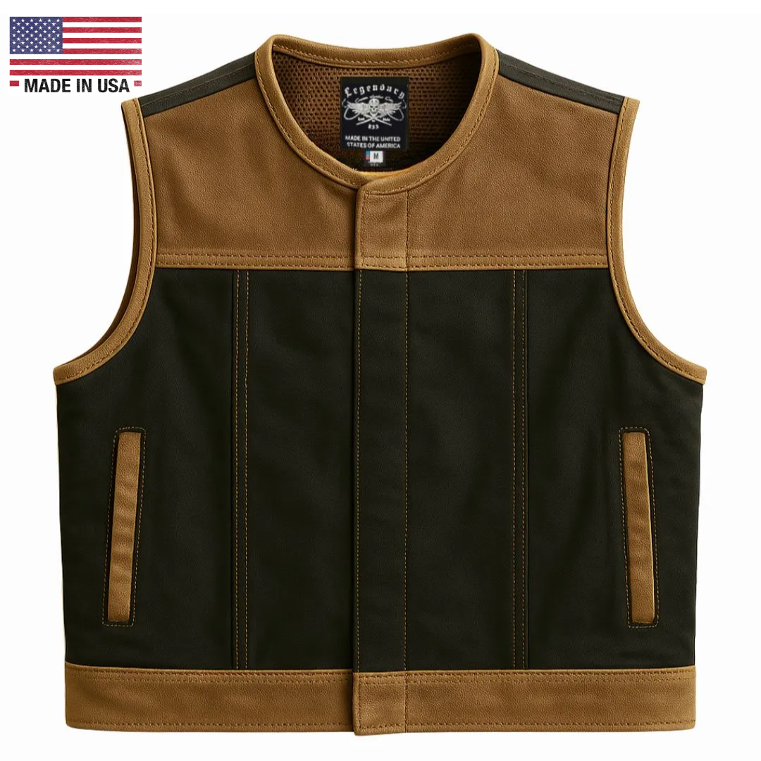 Legendary LowLife NCP Canvas & Leather Cropped Fitted Club Style Motorcycle Vest - Tobacco Brown