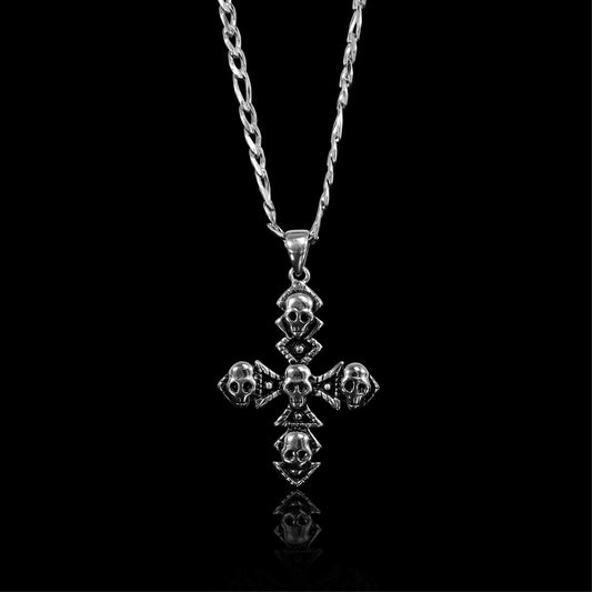 Stainless Steel Multi Skull Cross Pendant Figaro Chain Necklace