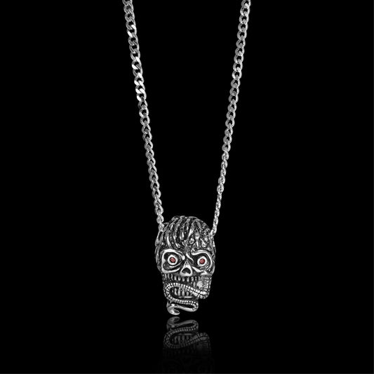 Stainless Steel Red CZ Eyed Skull With Snake Curb Chain Necklace