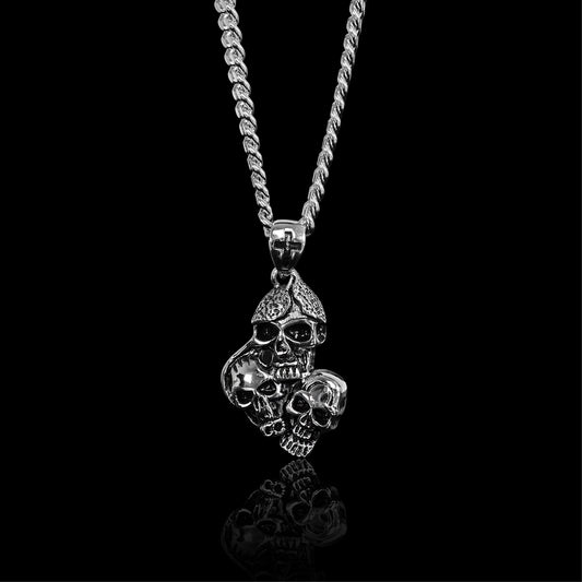 Stainless Steel Three Skulls With Black Cross Curb Chain Necklace