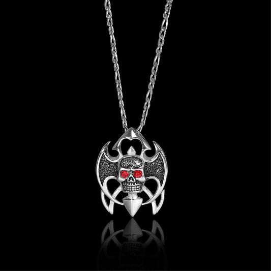 Stainless Steel Tribal Red CZ Eyed Skull Figaro Chain Necklace