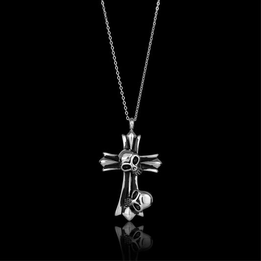 Stainless Steel Double Skull Cross Curb Chain Necklace