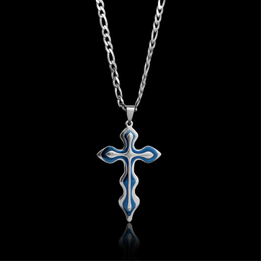 Stainless Steel And Blue Triple Layer Cross Figaro Chain Necklace