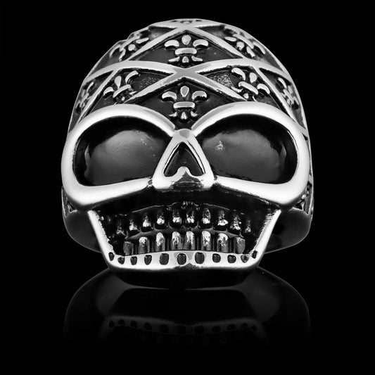 Stainless Steel Skull With Fleur De Lis Pattern Unisex Ring