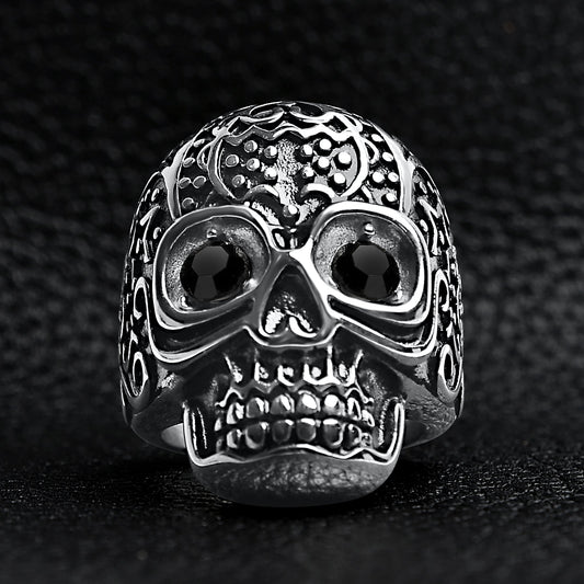 Black CZ Eyed Detailed Skull Stainless Steel Ring
