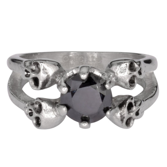 SK1055  Ladies Black Stone Four Solitaire Skull Ring Stainless Steel Motorcycle Jewelry  Sizes 5-10