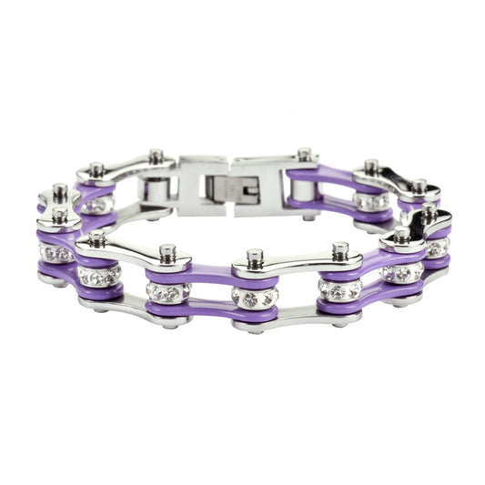SK1108 1/2" Wide Two Tone Silver Violet With White Crystal Centers Stainless Steel Motorcycle Bike Chain Bracelet