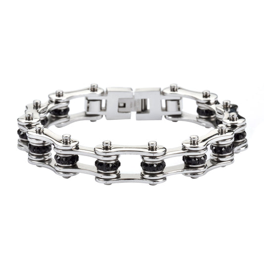 SK1206 1/2" Wide All Stainless With Black Crystal Centers Stainless Steel Motorcycle Bike Chain Bracelet