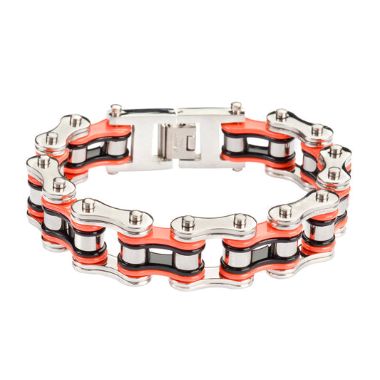 SK1260 Tri-Color Silver Orange Black 3/4" Wide Double Link Design Unisex Stainless Steel Motorcycle Chain Bracelet
