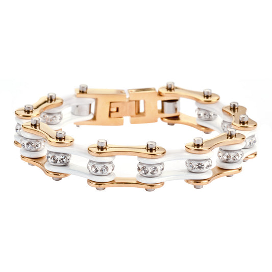 SK1290 1/2" Wide Two Tone Gold White With White Crystal Centers Stainless Steel Motorcycle Bike Chain Bracelet