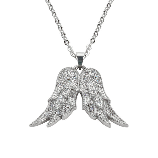 SK1502 Ladies Crystal Fixed Double Angel Wing Necklace 19" 1 1/4" Wide Stainless Steel Motorcycle Jewelry