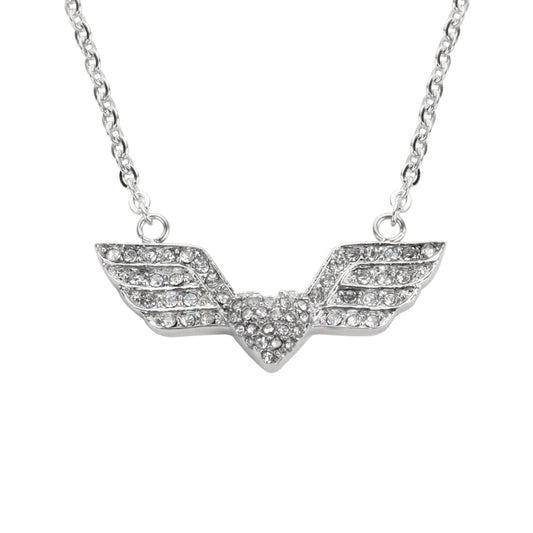 SK1505 Ladies Double Angel Wing Heart Crystal Necklace 19" 3/16" Wide Stainless Steel Motorcycle Jewelry