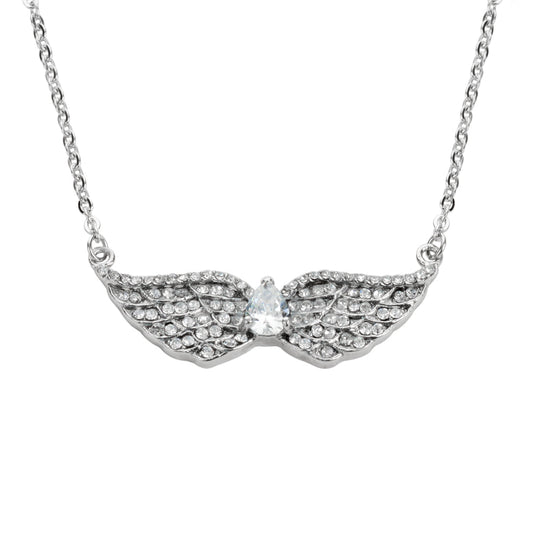 SK1507 Ladies Double Angel Wing Crystal Pear Shaped Center Stone Necklace 19" 1 1/2" Wide Stainless Steel Motorcycle Jewelry