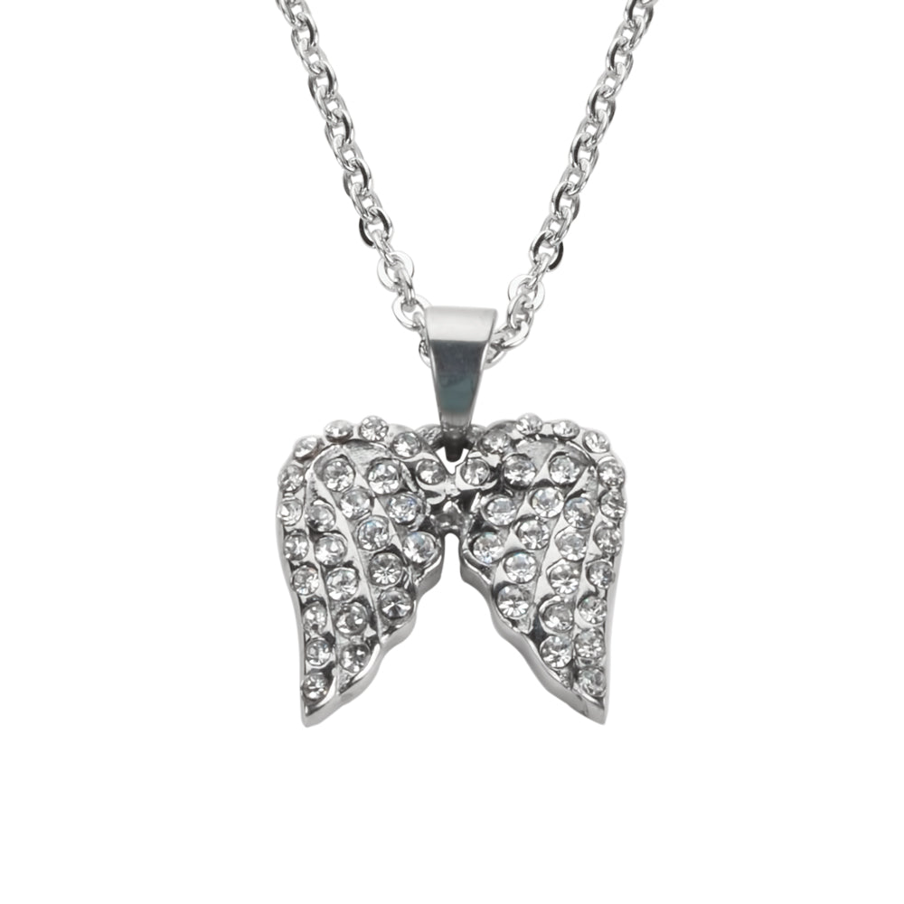 SK1508 Ladies Double Angel Wing Crystal Necklace 19" 9/16" Wide Stainless Steel Motorcycle Jewelry