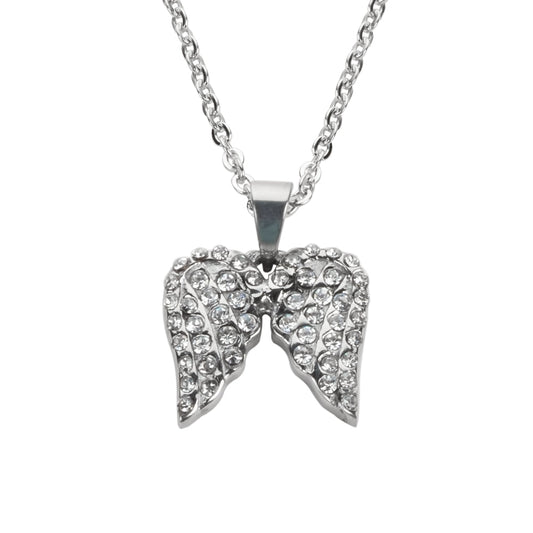 SK1508 Ladies Double Angel Wing Crystal Necklace 19" 9/16" Wide Stainless Steel Motorcycle Jewelry
